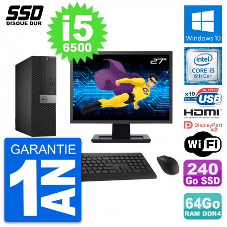 PC Dell 5050 SFF Ecran 27" Intel i5-6500 RAM 64Go SSD 240Go HDMI Windows 10 Wifi