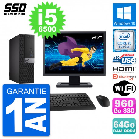 PC Dell 5050 SFF Ecran 27" Intel i5-6500 RAM 64Go SSD 960Go HDMI Windows 10 Wifi