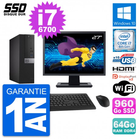 PC Dell 5050 SFF Ecran 27" Intel i7-6700 RAM 64Go SSD 960Go HDMI Windows 10 Wifi