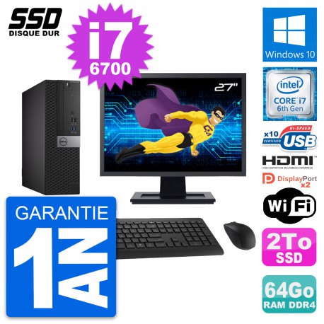 PC Dell 5050 SFF Ecran 27" Intel i7-6700 RAM 64Go SSD 2To HDMI Windows 10 Wifi