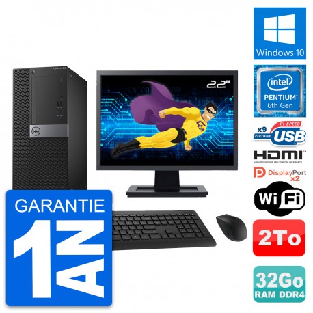 PC Tour Dell 7050 Ecran 22" Intel G4400 RAM 32Go Disque 2To HDMI Windows 10 Wifi