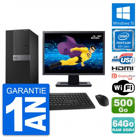 PC Tour Dell 7050 Ecran 22" G4400 RAM 64Go Disque Dur 500Go HDMI Windows 10 Wifi