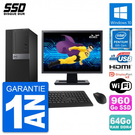 PC Tour Dell 7050 Ecran 22" Intel G4400 RAM 64Go SSD 960Go HDMI Windows 10 Wifi