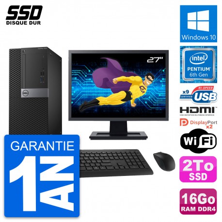 PC Tour Dell 7050 Ecran 27" Pentium G4400 RAM 16Go SSD 2To HDMI Windows 10 Wifi
