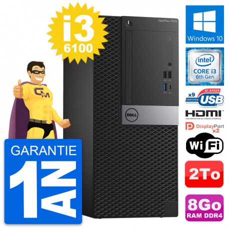 PC Tour Dell OptiPlex 7050 Intel i3-6100 RAM 8Go Disque 2To HDMI Windows 10 Wifi