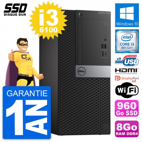 PC Tour Dell OptiPlex 7050 Intel i3-6100 RAM 8Go SSD 960Go HDMI Windows 10 Wifi