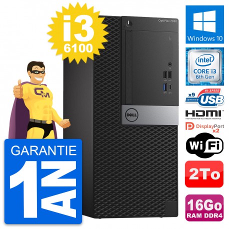 PC Tour Dell OptiPlex 7050 Core i3-6100 RAM 16Go Disque 2To HDMI Windows 10 Wifi