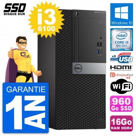 PC Tour Dell OptiPlex 7050 Intel i3-6100 RAM 16Go SSD 960Go HDMI Windows 10 Wifi