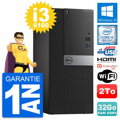 PC Tour Dell OptiPlex 7050 Core i3-6100 RAM 32Go Disque 2To HDMI Windows 10 Wifi
