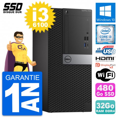PC Tour Dell OptiPlex 7050 Intel i3-6100 RAM 32Go SSD 480Go HDMI Windows 10 Wifi