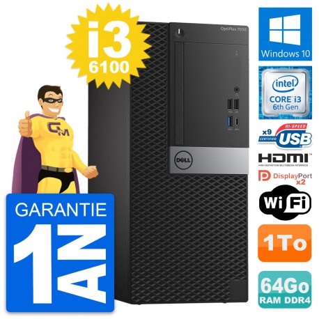 PC Tour Dell OptiPlex 7050 Core i3-6100 RAM 64Go Disque 1To HDMI Windows 10 Wifi