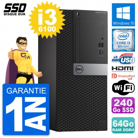 PC Tour Dell OptiPlex 7050 Intel i3-6100 RAM 64Go SSD 240Go HDMI Windows 10 Wifi