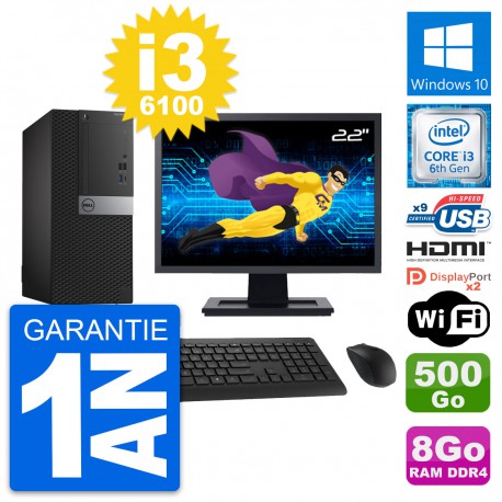 PC Tour Dell 7050 Ecran 22" i3-6100 RAM 8Go Disque 500Go HDMI Windows 10 Wifi