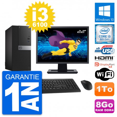 PC Tour Dell 7050 Ecran 22" Core i3-6100 RAM 8Go Disque 1To HDMI Windows 10 Wifi