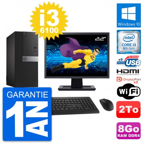 PC Tour Dell 7050 Ecran 22" Core i3-6100 RAM 8Go Disque 2To HDMI Windows 10 Wifi