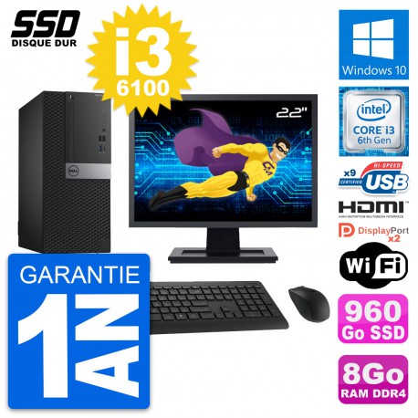 PC Tour Dell 7050 Ecran 22" Intel i3-6100 RAM 8Go SSD 960Go HDMI Windows 10 Wifi