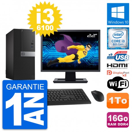 PC Tour Dell 7050 Ecran 22" i3-6100 RAM 16Go Disque Dur 1To HDMI Windows 10 Wifi