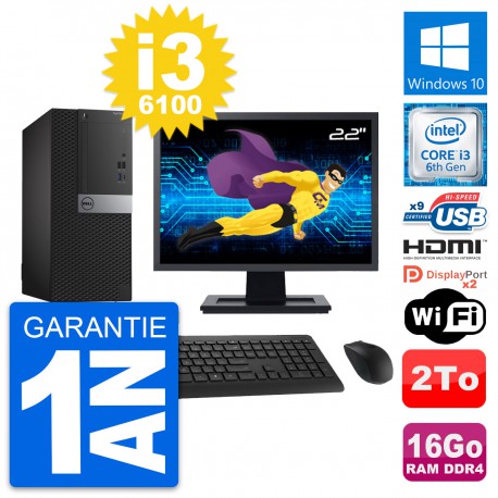 PC Tour Dell 7050 Ecran 22" i3-6100 RAM 16Go Disque Dur 2To HDMI Windows 10 Wifi