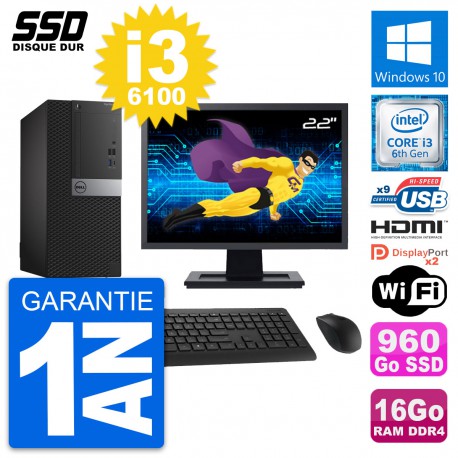 PC Tour Dell 7050 Ecran 22" Core i3-6100 RAM 16Go SSD 960Go HDMI Windows 10 Wifi