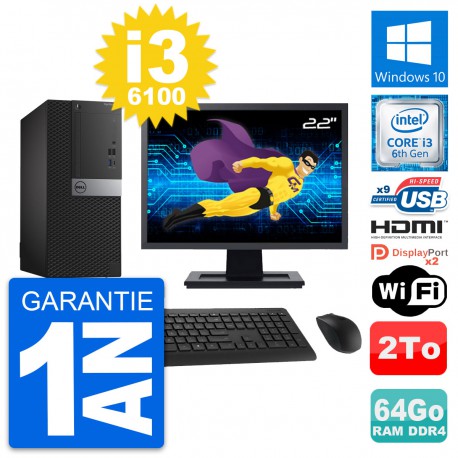 PC Tour Dell 7050 Ecran 22" i3-6100 RAM 64Go Disque 2To HDMI Windows 10 Wifi