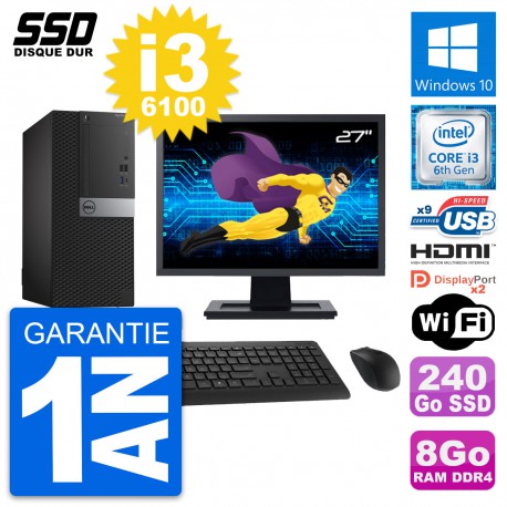 PC Tour Dell 7050 Ecran 27" Intel i3-6100 RAM 8Go SSD 240Go HDMI Windows 10 Wifi