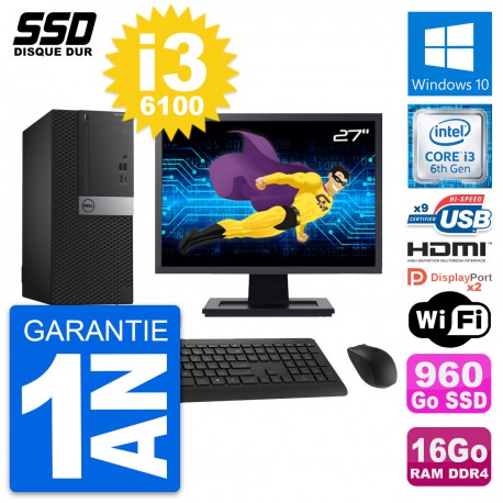 PC Tour Dell 7050 Ecran 27" Core i3-6100 RAM 16Go SSD 960Go HDMI Windows 10 Wifi