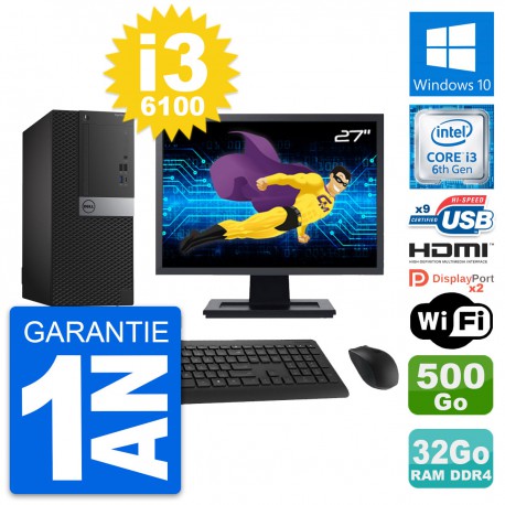 PC Tour Dell 7050 Ecran 27" i3-6100 RAM 32Go Disque 500Go HDMI Windows 10 Wifi