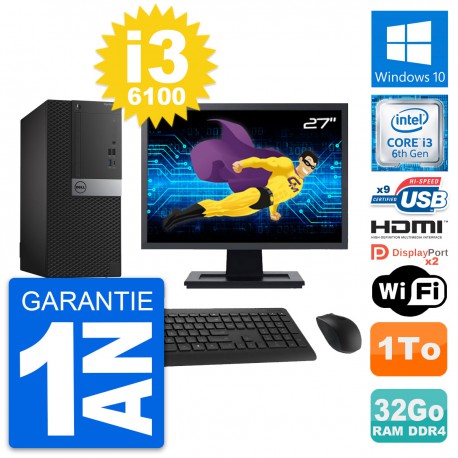 PC Tour Dell 7050 Ecran 27" i3-6100 RAM 32Go Disque 1To HDMI Windows 10 Wifi