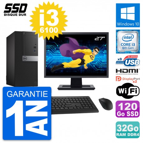 PC Tour Dell 7050 Ecran 27" Core i3-6100 RAM 32Go SSD 120Go HDMI Windows 10 Wifi