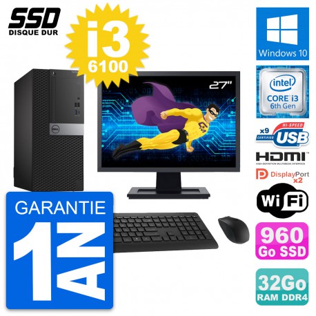 PC Tour Dell 7050 Ecran 27" Core i3-6100 RAM 32Go SSD 960Go HDMI Windows 10 Wifi