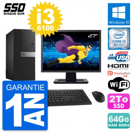 PC Tour Dell 7050 Ecran 27" Intel i3-6100 RAM 64Go SSD 2To HDMI Windows 10 Wifi