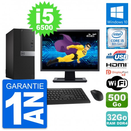 PC Tour Dell 7050 Ecran 22" i5-6500 RAM 32Go Disque 500Go HDMI Windows 10 Wifi