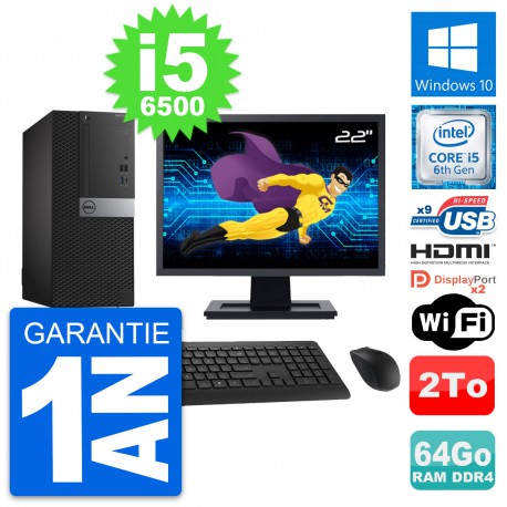 PC Tour Dell 7050 Ecran 22" i5-6500 RAM 64Go Disque 2To HDMI Windows 10 Wifi