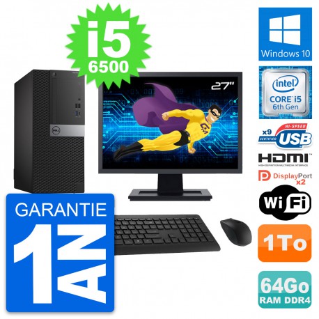 PC Tour Dell 7050 Ecran 27" i5-6500 RAM 64Go Disque 1To HDMI Windows 10 Wifi