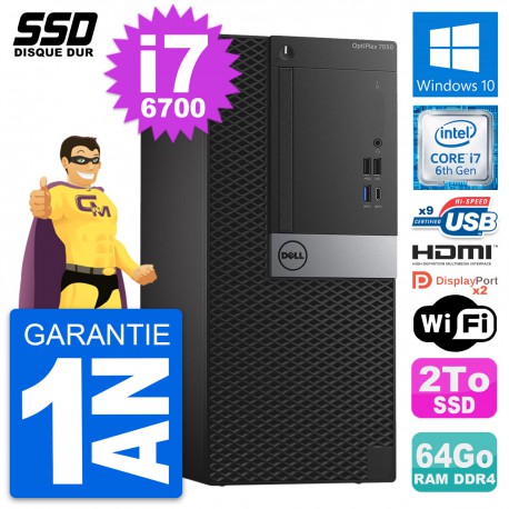 PC Tour Dell OptiPlex 7050 Intel i7-6700 RAM 64Go SSD 2To HDMI Windows 10 Wifi