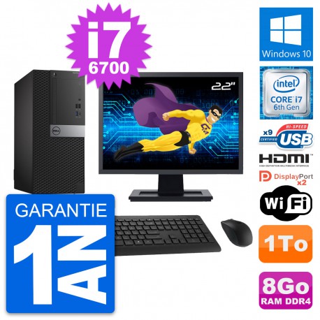 PC Tour Dell 7050 Ecran 22" Core i7-6700 RAM 8Go Disque 1To HDMI Windows 10 Wifi