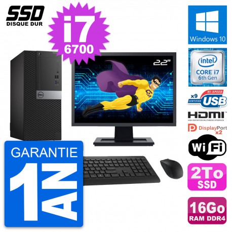 PC Tour Dell 7050 Ecran 22" Intel i7-6700 RAM 16Go SSD 2To HDMI Windows 10 Wifi