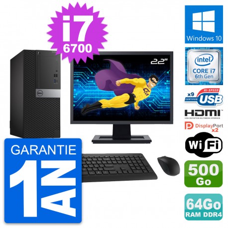 PC Tour Dell 7050 Ecran 22" i7-6700 RAM 64Go Disque Dur 500Go HDMI Windows 10 Wifi