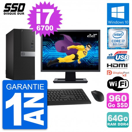 PC Tour Dell 7050 Ecran 22" Core i7-6700 RAM 64Go SSD 960Go HDMI Windows 10 Wifi