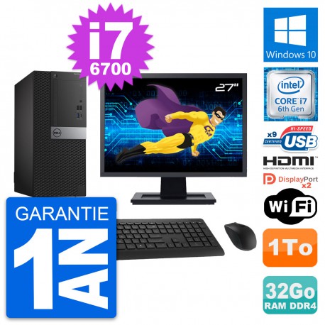 PC Tour Dell 7050 Ecran 27" i7-6700 RAM 32Go Disque 1To HDMI Windows 10 Wifi