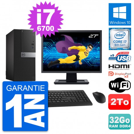 PC Tour Dell 7050 Ecran 27" i7-6700 RAM 32Go Disque 2To HDMI Windows 10 Wifi