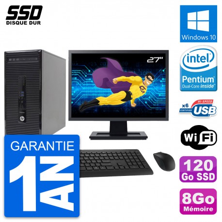 PC Tour HP 400 G2 MT Ecran 27" Pentium G3220 RAM 8Go SSD 120Go Windows 10 Wifi