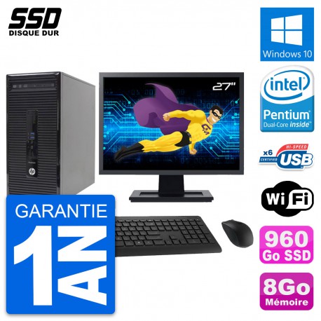 PC Tour HP 400 G2 MT Ecran 27" Pentium G3220 RAM 8Go SSD 960Go Windows 10 Wifi