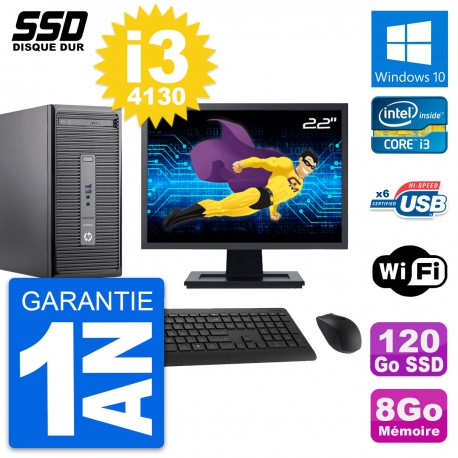 PC Tour HP 400 G2 MT Ecran 22" Core i3-4130 RAM 8Go SSD 120Go Windows 10 Wifi