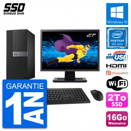 PC Tour Dell 3040 Ecran 27" Pentium G4400 RAM 16Go SSD 2To HDMI Windows 10 Wifi