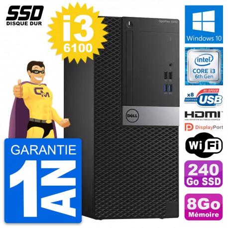 PC Tour Dell OptiPlex 3040 Intel i3-6100 RAM 8Go SSD 240Go HDMI Windows 10 Wifi