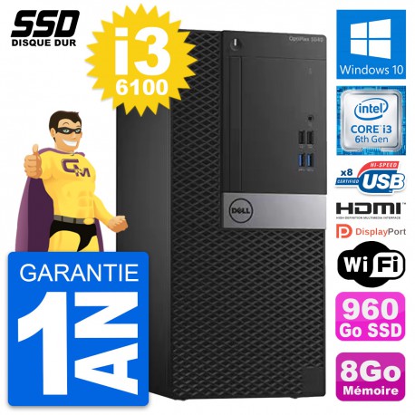 PC Tour Dell OptiPlex 3040 Intel i3-6100 RAM 8Go SSD 960Go HDMI Windows 10 Wifi