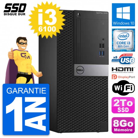 PC Tour Dell OptiPlex 3040 Intel i3-6100 RAM 8Go SSD 2To HDMI Windows 10 Wifi