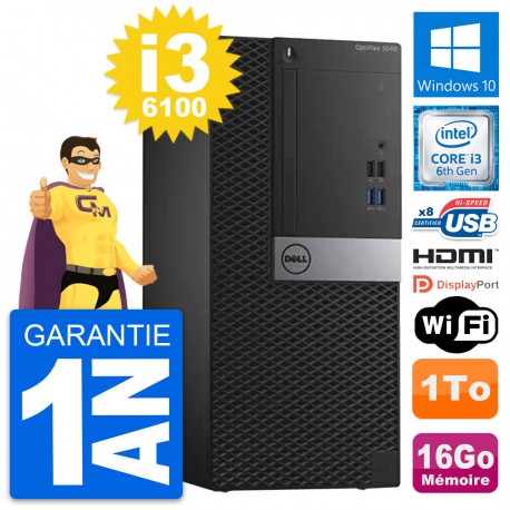 PC Tour Dell OptiPlex 3040 Core i3-6100 RAM 16Go Disque 1To HDMI Windows 10 Wifi