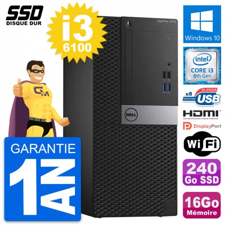 PC Tour Dell OptiPlex 3040 Intel i3-6100 RAM 16Go SSD 240Go HDMI Windows 10 Wifi